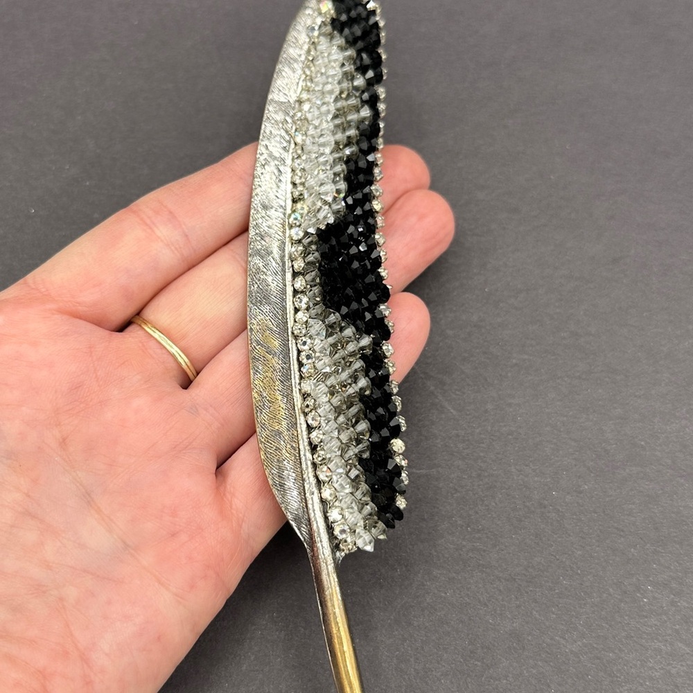 Rare Miriam Haskell Black and Silver Feather Quill brooch with crystal beads